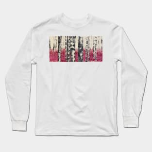 Winter White Birch Trees with Fallen Magenta Leaves Long Sleeve T-Shirt